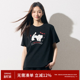 T恤女上衣打底衫 复古猫咪植绒印花全棉短袖 BRAND情侣宽松美式 RPB