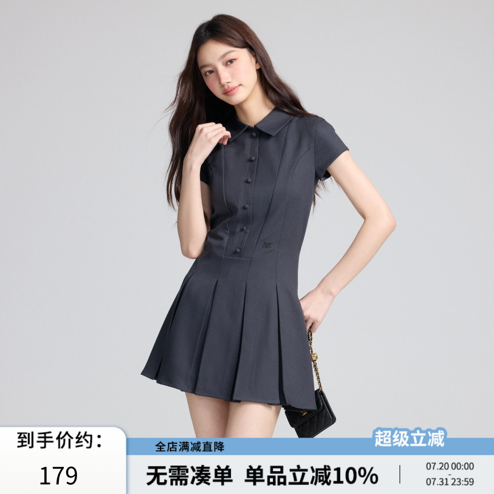 RPB BRAND 学院风polo领时尚显瘦收腰百褶连衣裙a字裙短袖衬衫裙