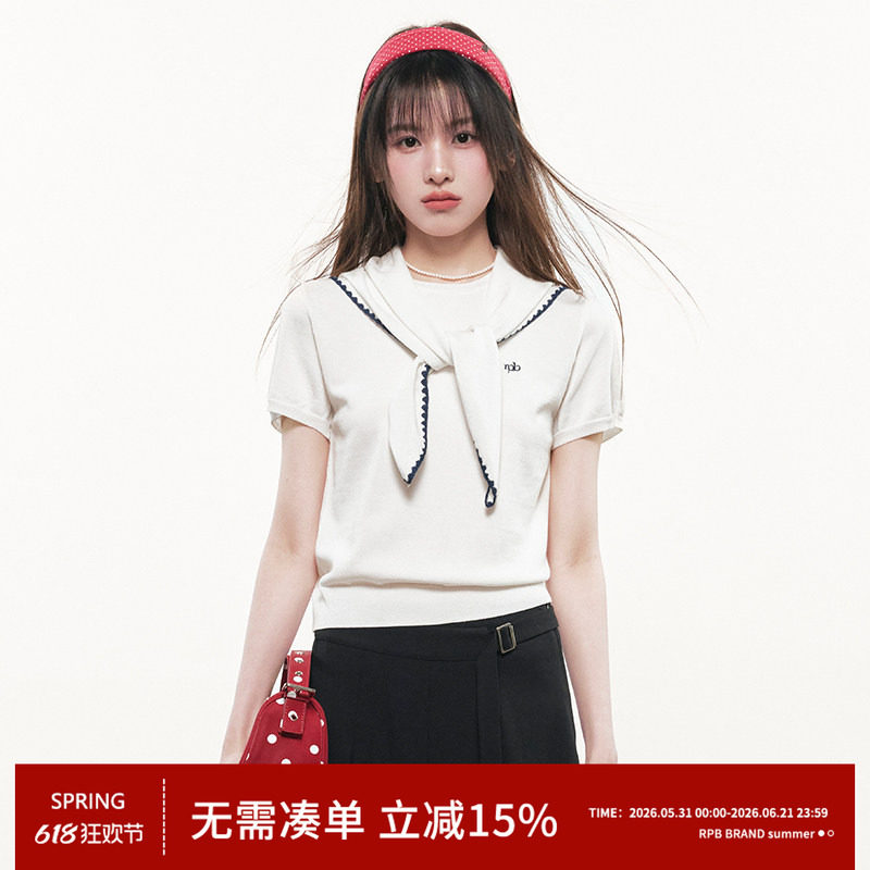 RPB BRAND 白色海军领短袖针织衫女学院风合身显瘦蝴蝶结领带上衣