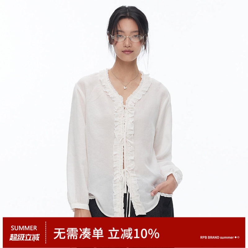 RPB BRAND亚麻质感高智慵懒感荷叶边衬衫法式复古风长袖系带上衣图片