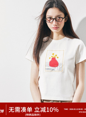 RPB BRAND 复古小众设计感正肩显瘦刺绣短袖短款T恤女打底衫上衣