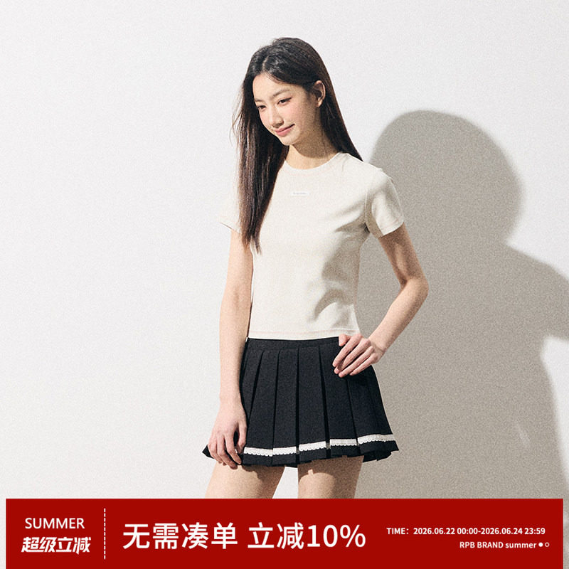 RPB BRAND莫代尔爽肤水洗做旧美式复古正肩短款显瘦T恤上衣女短袖 - 实物图