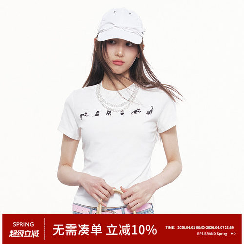 RPB BRAND卡通小猫短袖T恤女珍珠项链装饰修身显瘦短款上衣T恤