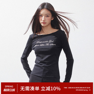 RPB 复古字母休闲百搭时尚 长袖 T恤上衣 BRAND莱赛尔亲肤一字肩美式