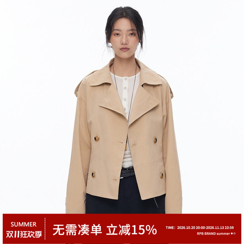 RPB BRAND 复古高智双排扣短款风衣女春秋纯色大翻领百搭通勤外套