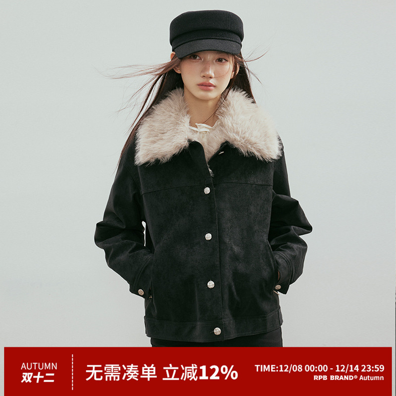 RPB BRAND 秋冬美式复古风麂皮绒大毛领短外套女冬季保暖棉服夹克