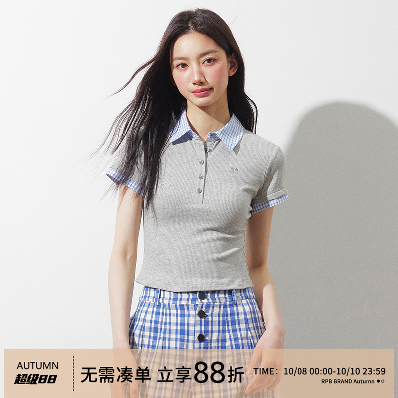 RPB BRAND 简约百搭格子POLO领拼接短袖T恤女修身显瘦百搭上衣