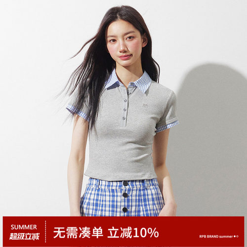 RPB BRAND 简约百搭格子POLO领拼接短袖T恤女修身显瘦百搭上衣