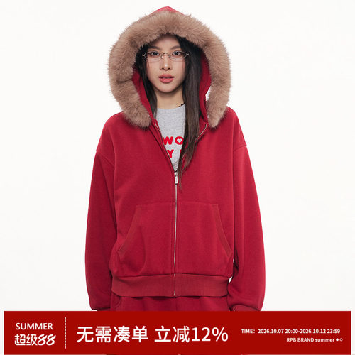 RPB BRAND美式毛领连帽加绒卫衣女显瘦休闲运动卫裤两件套套装