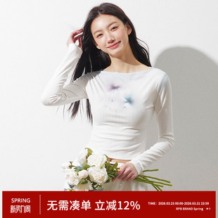 复古扎染印花长袖 一字肩美式 T恤女修身 短款 上衣 RPB 打底衫 BRAND