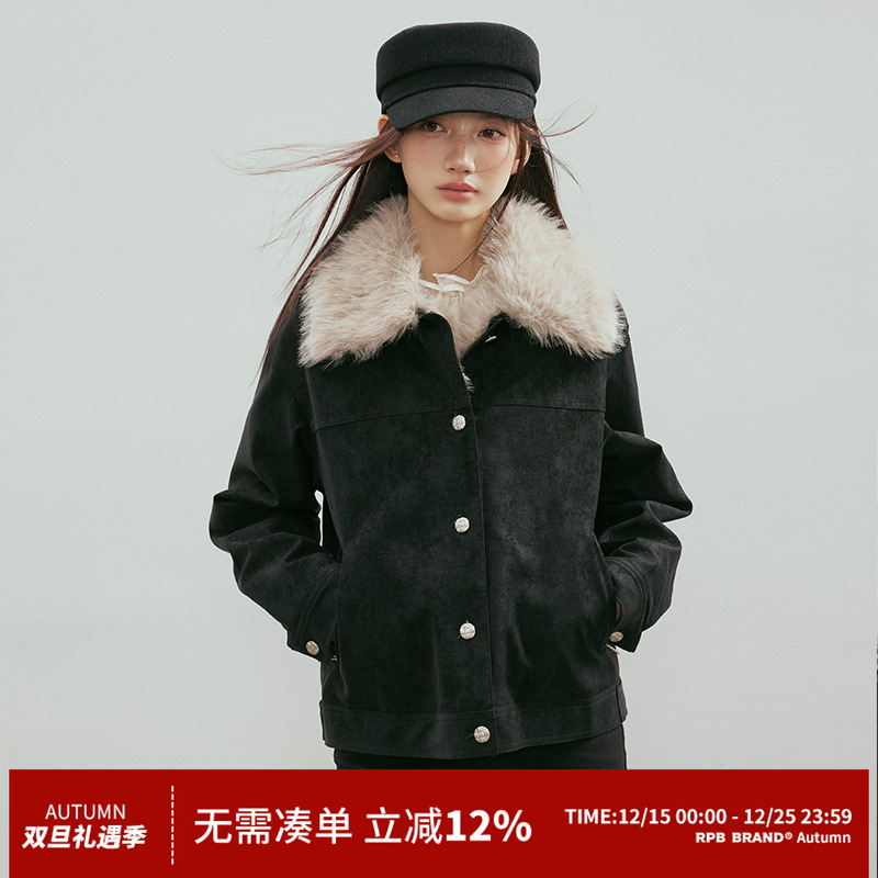 RPB BRAND 秋冬美式复古风麂皮绒大毛领短外套女冬季保暖棉服夹克