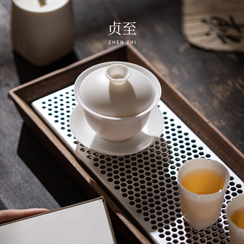 贞至羊脂玉瓷盖碗茶杯三才盖碗泡茶碗功夫茶具礼盒装办公会客家用