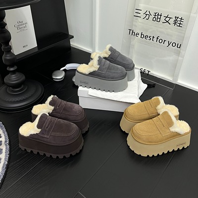 韩系磨砂皮厚底增高8厘米羊毛包头拖鞋女外穿轻便懒人毛毛鞋半拖