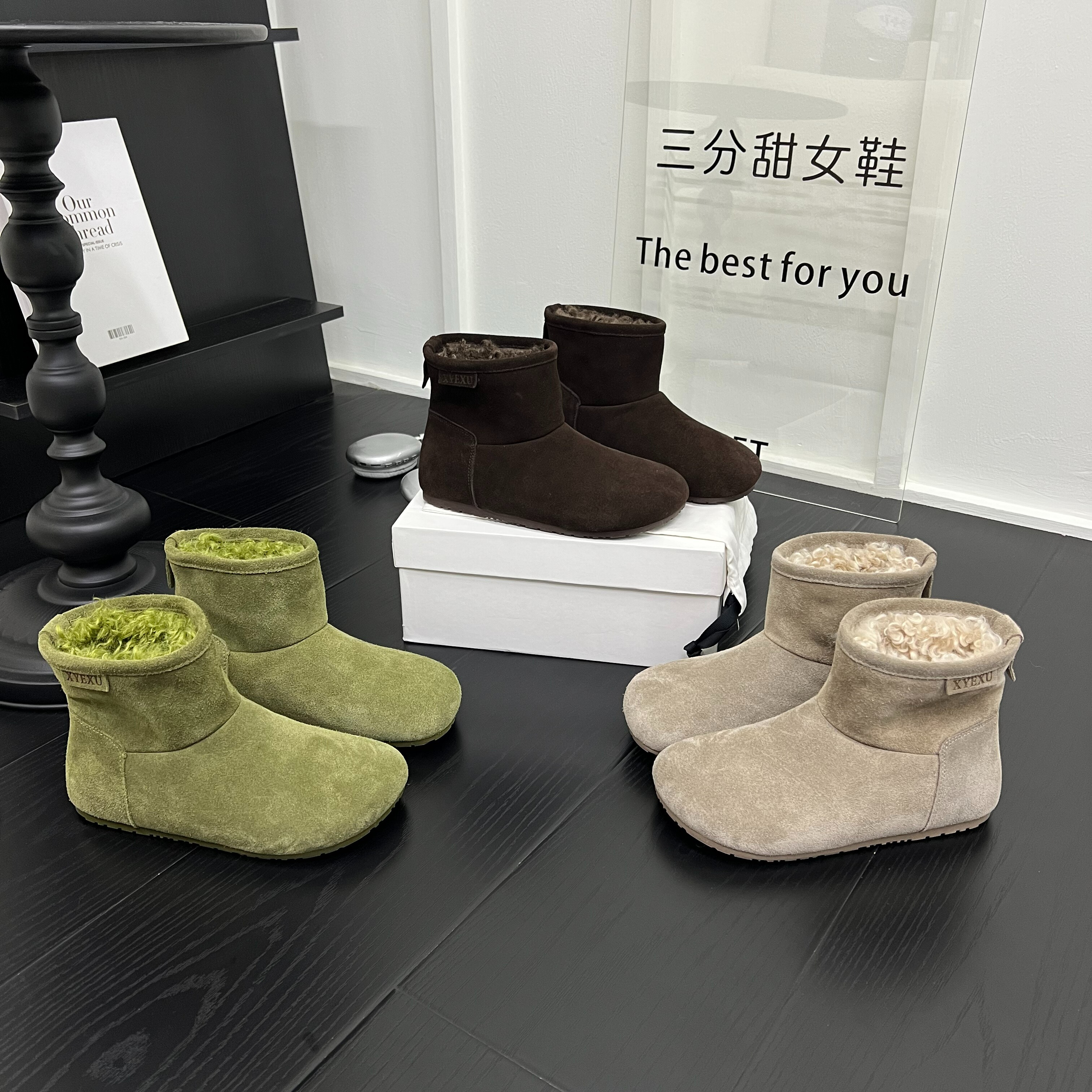 韩系磨砂皮一脚蹬卷卷毛加绒保暖雪地靴女休闲短靴百搭棉靴潮鞋潮