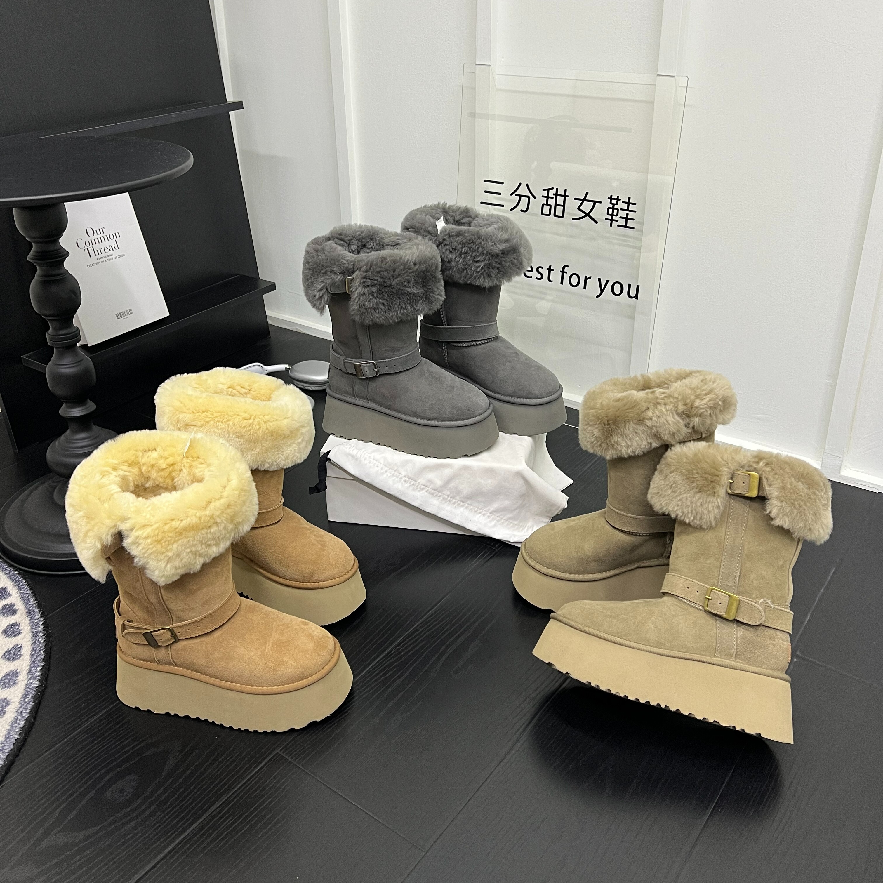 明星同款羊毛皮毛一体厚底增高6cm雪地靴皮带扣一脚蹬加绒棉靴女