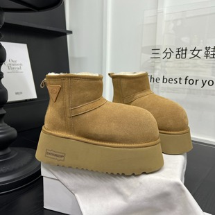 炸街磨砂皮厚底增高雪地靴女2025年新款 三角标一脚蹬短靴棉靴潮