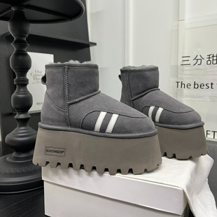 炸街磨砂皮厚底增高8厘米毛毛雪地靴女2025冬加绒保暖棉靴短靴潮