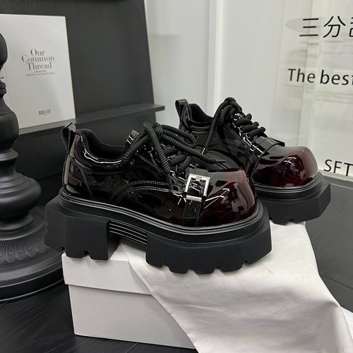 欧洲站厚底真皮大头小皮鞋女圆头系带潮流小个子皮带扣休闲乐福鞋