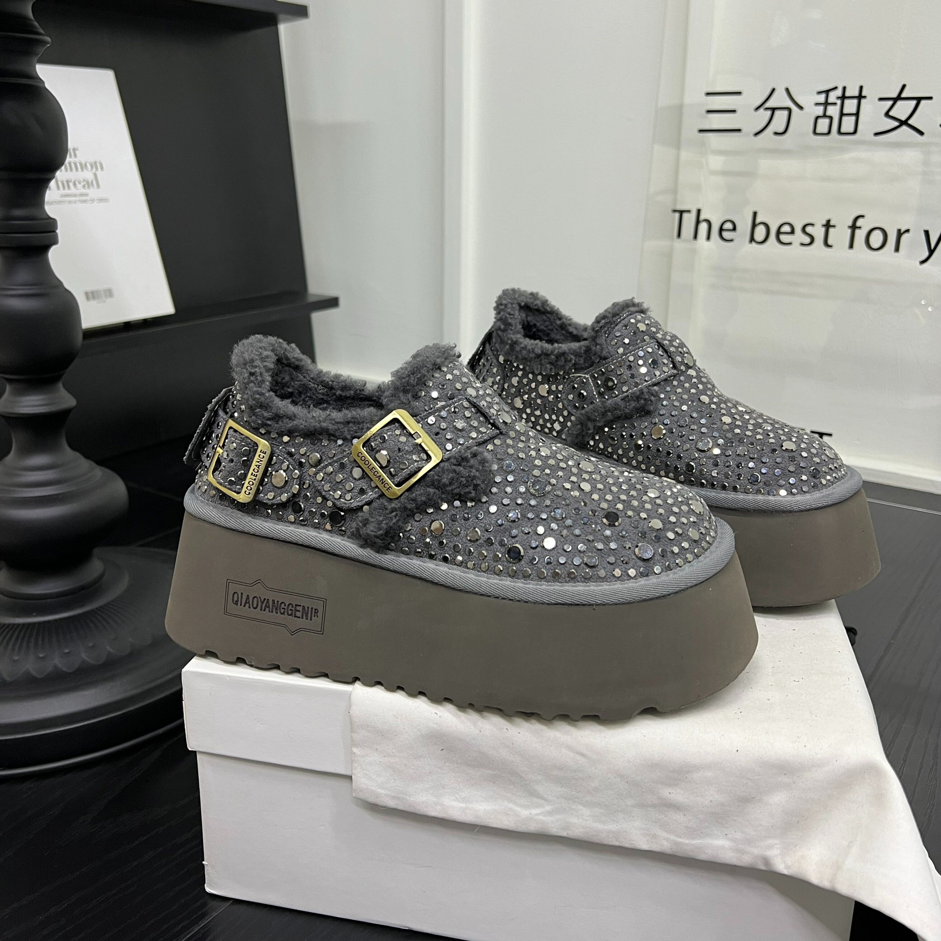 欧洲站水钻厚底增高勃肯鞋女2025年时尚休闲加绒棉鞋百搭乐福鞋潮