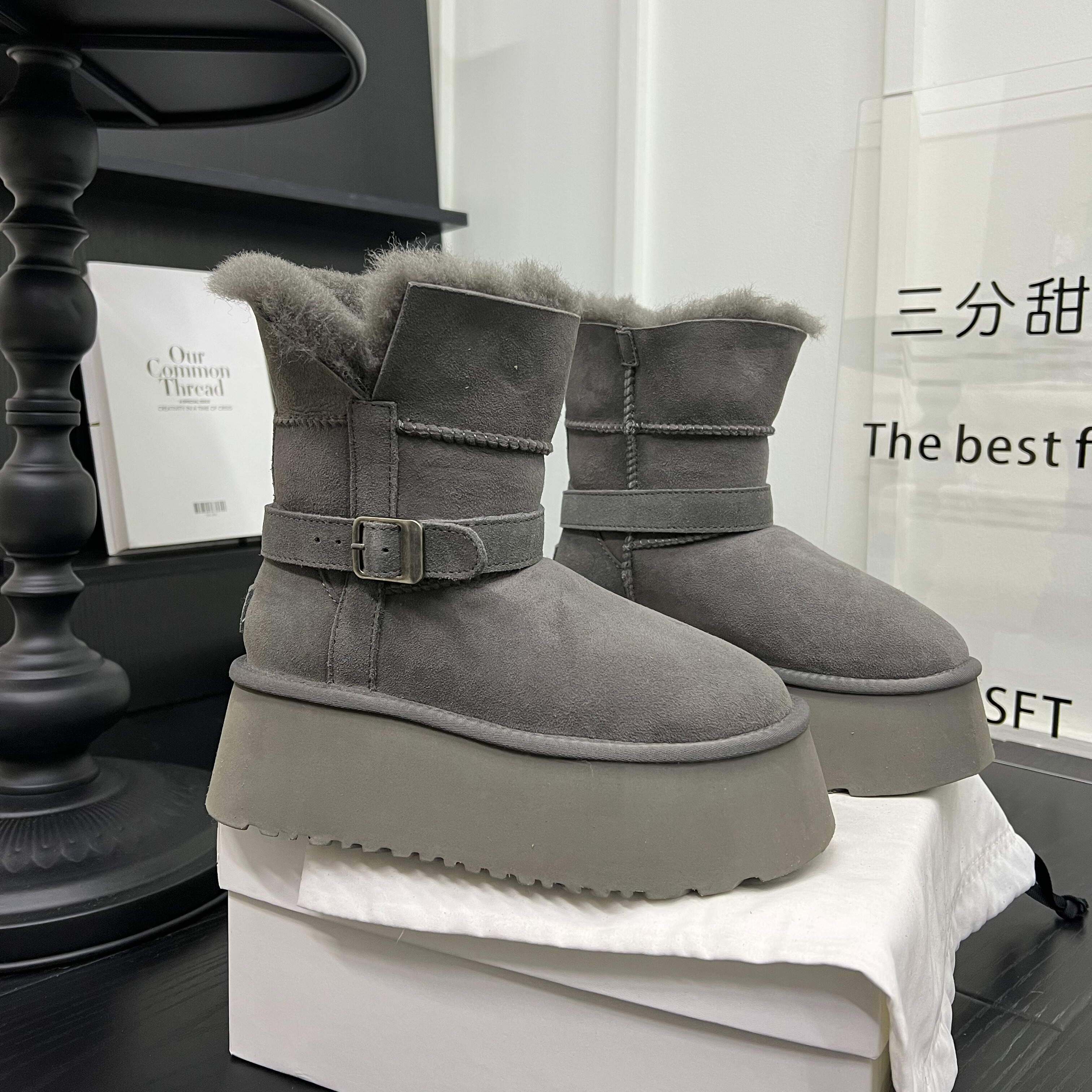 欧货爆款羊毛口厚底增高雪地靴女爆款时尚休闲一脚蹬加绒纯色棉靴