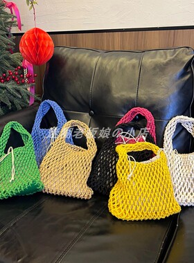 糖果色棉线编织包新款镂空手拎包多巴胺色编织包手腕包手提包包女