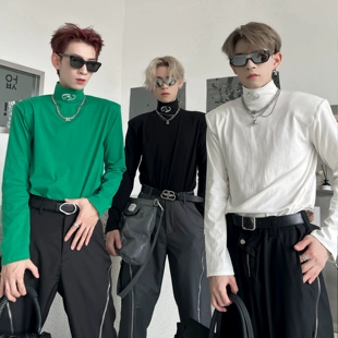 高级感痞帅打底衫 T恤男 男生潮流百搭上衣 黑色高领垫肩长袖 秋冬季