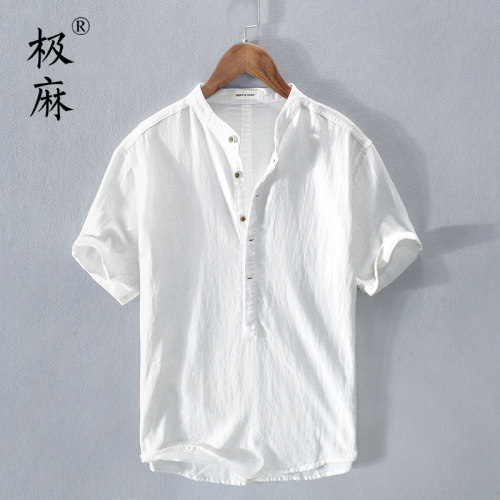 日系清新立领套头短袖棉麻衬衫
