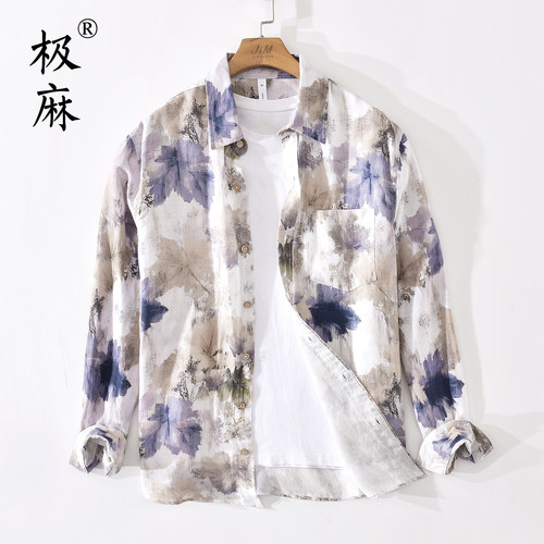潮流印花休闲长袖麻料衬衫