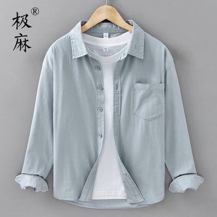 极麻复古舒适百搭休闲长袖衬衫男士日系条纹文艺青年宽松纯棉衬衣