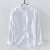 小清新立领棉麻衬衫 透气青年亚麻衬衣男 宽松薄款 男士 休闲简约长袖