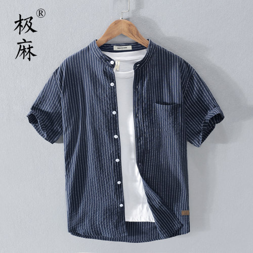 极麻复古条纹立领休闲短袖衬衫男士夏季透气青年文艺宽松纯棉衬衣