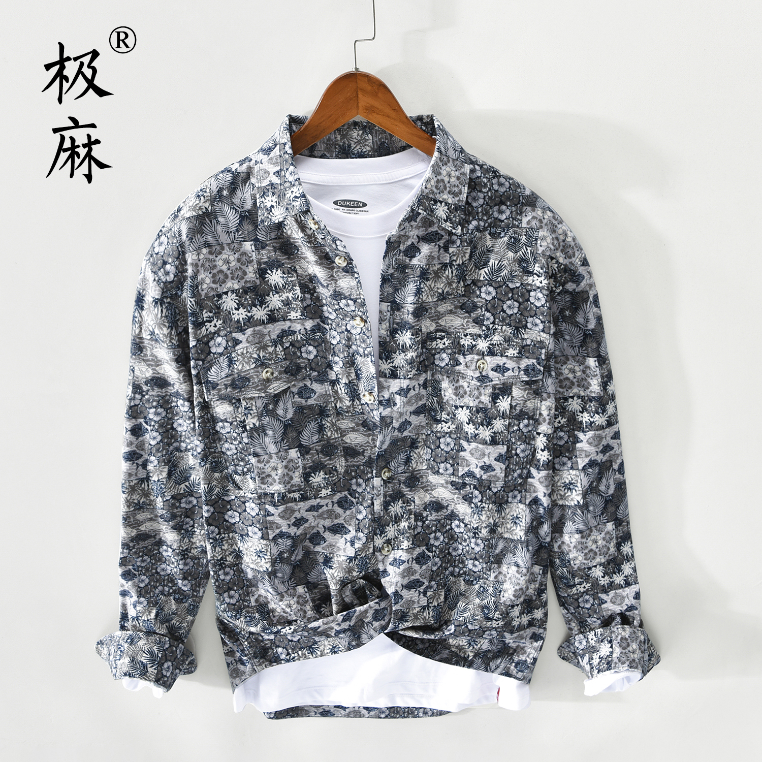 极麻日系复古印花长袖衬衫男士休闲大码薄款青年文艺宽松纯棉衬衣
