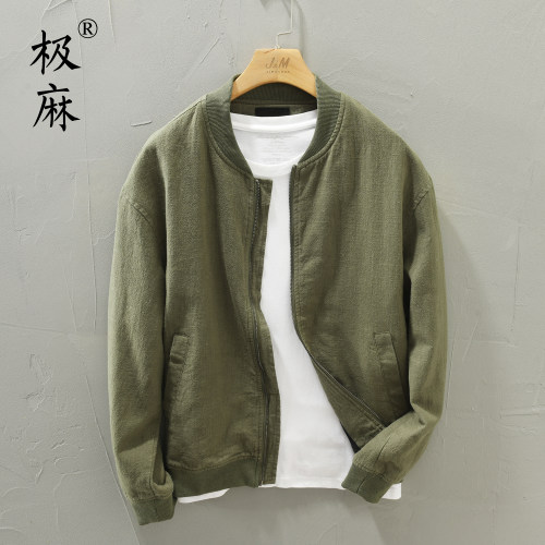 基础棒球领复古休闲苎麻夹克