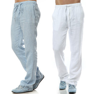 Breathable comfortable thin white trousers for leisure, elastic waist, oversize, loose straight fit, cotton and linen