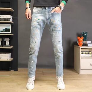 秋季高端浅色牛仔裤男款潮牌弹力修身小脚漆点破洞高级感痞帅男裤