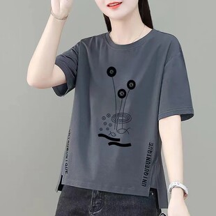 纯棉短袖T恤女2023夏季新款宽松百搭纯色印花不对称分叉上衣