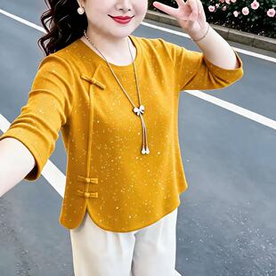 2026年圆领韩版七分袖纽扣T恤新款大码女士妈妈宽松显瘦洋气上衣
