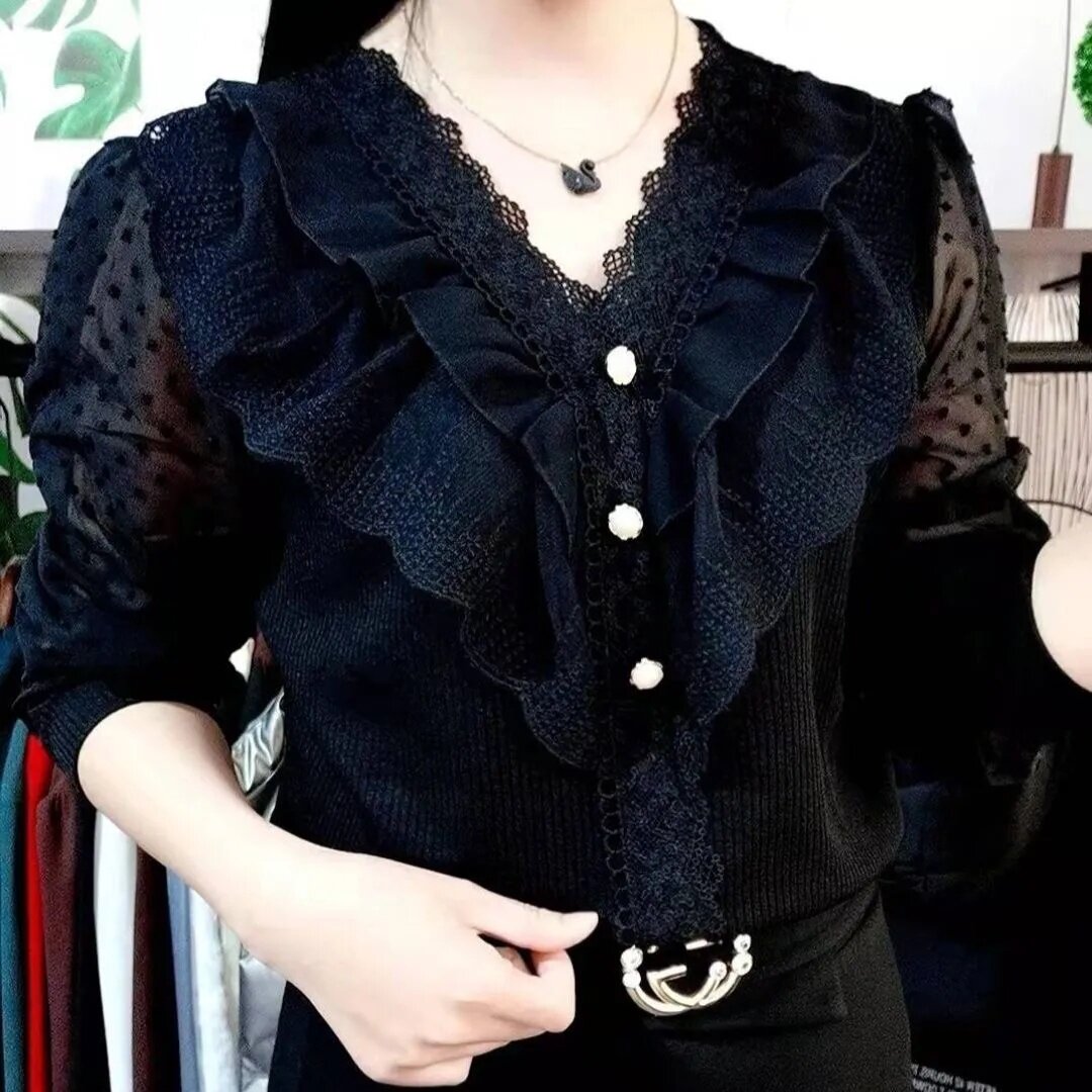 2026春秋女蕾丝雪纺宽松花边打底衫纯色长袖衬衫显瘦减龄百搭上衣