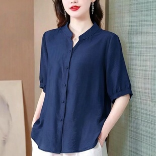 立领衬衫女夏季薄款宽松七分袖中年妈妈遮肉显瘦气质百搭纯色衬衣