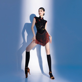 康尼拉丁舞服女成人新款 高领练功服旗袍连体上衣流苏裙子跳舞套装