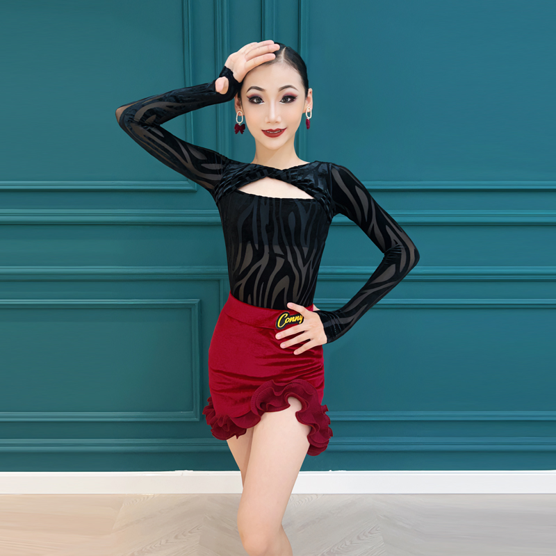 拉丁舞服女儿童跳舞练功服套装长袖连体衣包臀半身裙演出服表演服