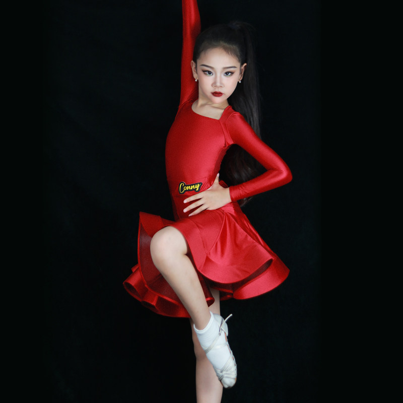 康尼专业拉丁舞比赛规定服女红色长袖衣鱼骨裙撑裙分体套装标准服