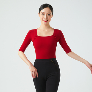 康尼舞蹈形体上衣女显瘦方领中袖连体上衣现代舞中国古典舞练功服