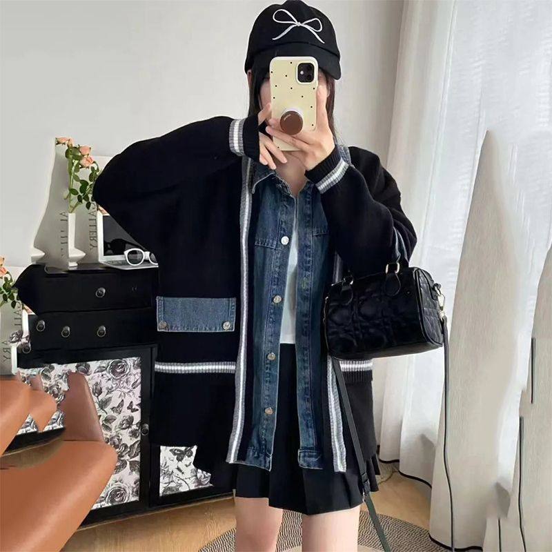 设计感牛仔拼接毛衣开衫女新款秋冬季休闲宽松百搭长袖针织外套潮,女装/女士精品,毛针织衫,淘宝优惠券,粉丝福利购,淘宝优惠卷