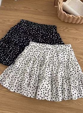 碎花布油画黑色半身裙女夏季波点蛋糕裙小个子短裙