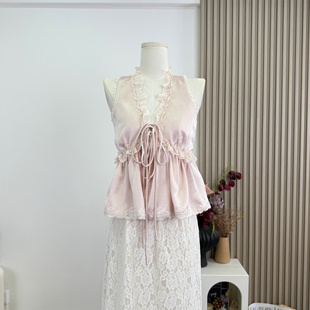 精致法式 chl0^e蕾丝花边v领绑带缎面蕾丝背心 新款 春季