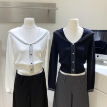 秋季新款米白/藏青色海军领长袖针织上衣5023-0907-24