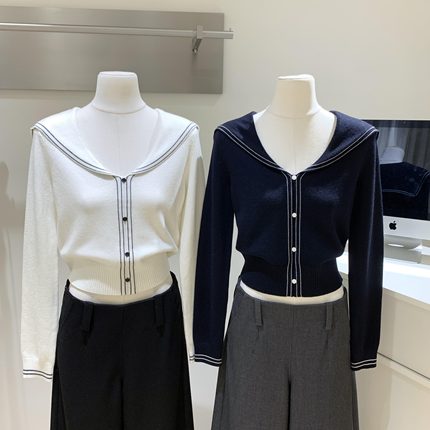 秋季新款米白/藏青色海军领长袖针织上衣5023-0907-24