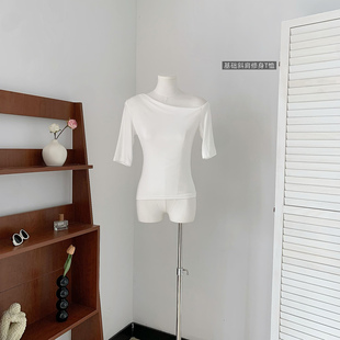 日常感极简基础短袖 百搭T恤 上衣设计感斜肩修身