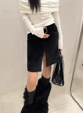 中长款开叉丝绒半身裙女秋黑色a字包臀高级感修身短裙